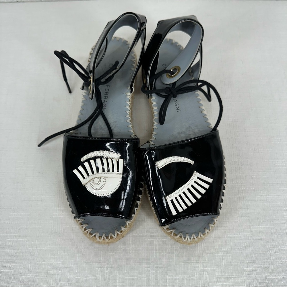 Chiara Ferragni Women's Size 37 Winking Black Patent Leather Platform Espadrille